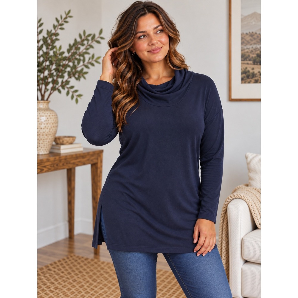 Pure Jill Ribbed Cowl Neck Tunic Womens 2X Navy Blue Long Sleeve Relaxed Tencel